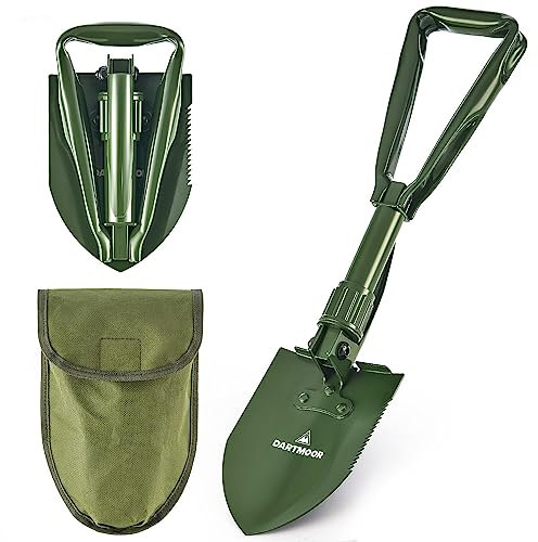 DARTMOOR Mini Folding Camping Shovel, 46cm Survival Shovel with Saw Edge for Digging Backpacking Gardening Hiking, Portable Entrenching Tool Foldable Steel Camp Spade with Storage Bag, Military Green