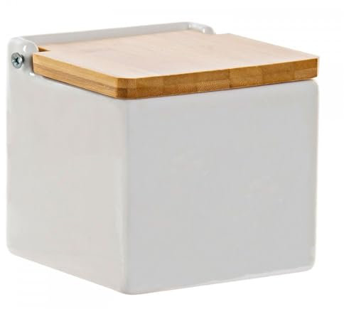 Salero para Cocina Bambú Con Tapadera/Salero Para Sal Cuadrado con Tapadera de Bambú/Cuenco para La Sal y Sal Gorda/Tarro Para La Sal Hecho de Cerámica (11cm x 11cm x 11cm 500ML)