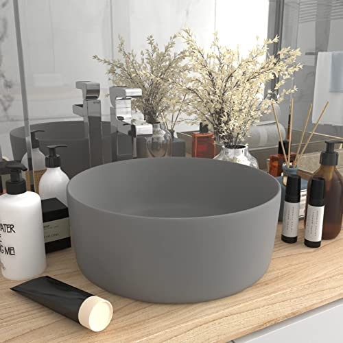 ZEYUAN Lavabo de Lujo, Lavabo sobre Encimera, Lavabo Baño, Mueble Lavabo, Muebles De Baño, Redondo cerámica Gris Claro Mate 40x15 cm