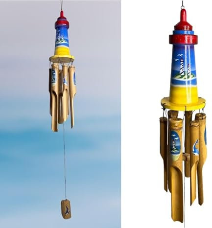 Top Brass Leuchtturm Bambus-Windspiel – bunte Topper mit kunstvollen Glockenspielen – hängende Outdoor-Gartenveranda-Dekoration – tiefe, entspannende, beruhigende Töne, 19102