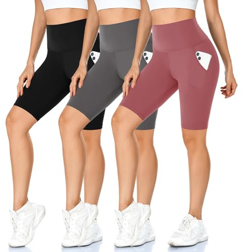 MOREFEEL Confezione da 3 pantaloni da ciclismo da donna con tasche, a vita alta, opachi, per yoga, sport, fitness, 3-nero/grigio scuro/rosa scuro, S/M