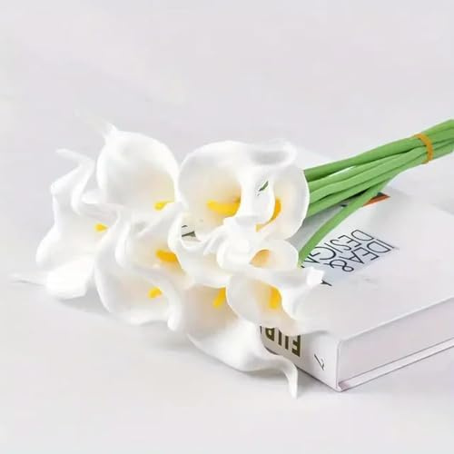 GeRRiT 10 flores artificiales de lirio de cala blanco de tacto real, ramo de boda, decoración de novia, fiesta, decoración del hogar, flores falsas de poliuretano, color blanco