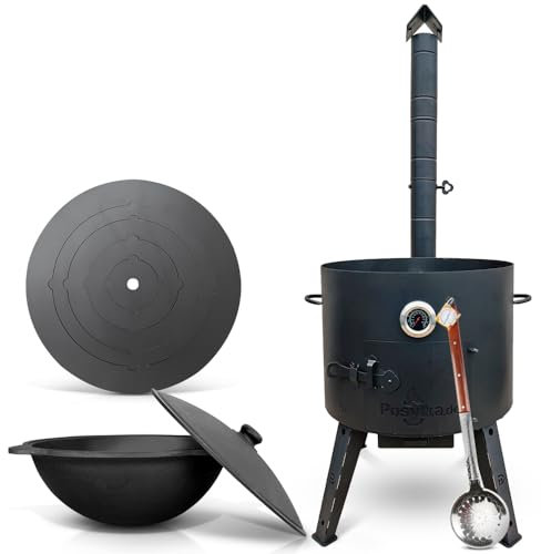 Utschak Uchag - Hornillo de fuego (49 cm de diámetro, 2 mm, acero, 4 mm, Kazan, 22 L, base redonda con termómetro, espumadera para Plov Учак Учаг Uchag Asia казан (Set 530)