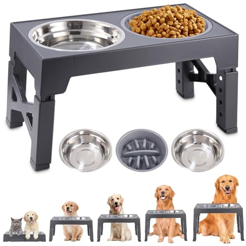 TIDEVAN Hundskål hundskål höjdjusterbar, hundmatningsstation med 2 x 1200 ml rostfria skålar, 1 x slow food skål, hundskål för medelstora och stora hundar, 4 höjdjusterbara matskålar, grå
