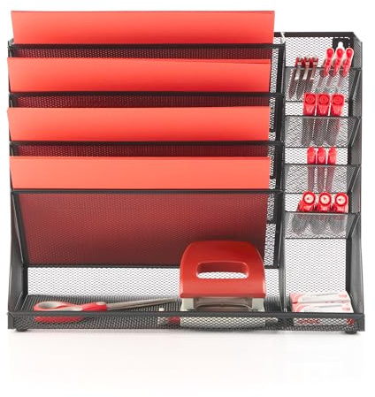 AMECO - Schreibtisch Organizer - Stiftehalter - Büro Organizer - Briefablage - Dokumentenablage A4 - Dokumente und Stifte Organizer für Schreibtisch - aus Metall - Schwarz