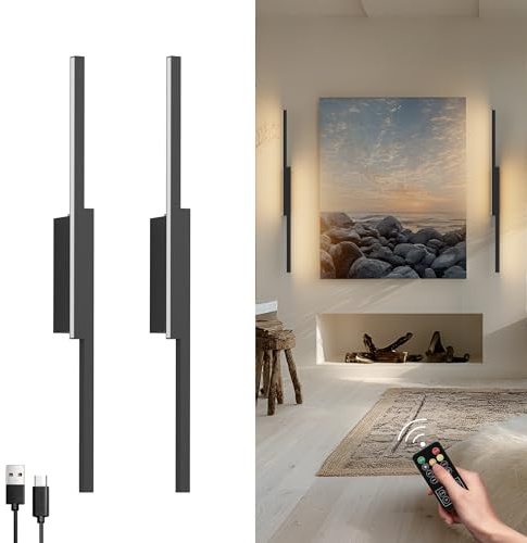 Aipsun Kabellose LED Akku Wandleuchte mit fernbedienung, 6000mAh USB-C Wiederaufladbare Wandlampe Schwarz 60CM, 5W Moderne Schlafzimmer Wohnzimmer Wandleuchte, Drei Farbtemperaturen (2 Stück)
