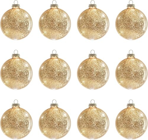 DN DECONATION Weihnachtskugeln Set, 12-teilig - Gold Mercury Glaskugeln 8cm | mit Glitzer-Effekt, Luxus Christbaumkugeln mit Aufhängung für Weihnachtsbaum Deko, Neujahr & Halloween