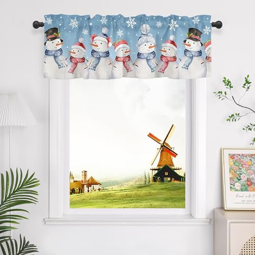 CORLIF 1 Stück Scheibengardinen Blickdicht Kurzstores Modern Küchengardinen für Weihnachten Fenstergardinen mit Schneemannmuster Breite/Höhe 175/45 cm, Blau