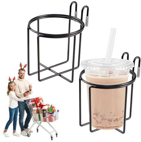 Shopping Cart Cup Holder, 2 Pcs Updated Portable Cup Holder with Bottom Bar Reusable Grocery Carts Drink Holder Stainless Steel Cups Holder for Hanging Tapered Cup Coffee Cup Baby Bottle (Black)