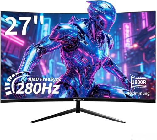 Generisch CRUA Moniteur de jeu, 27 pouces, FHD, incurvé, 280 Hz, 1 ms, écran Eye-Care avec HDMI, DP, sans cadre, FreeSync, montage mural pour bureau et maison