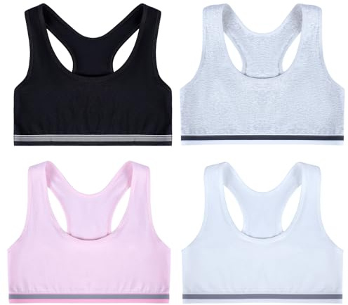 Lancry 4 piezas de camisetas cortas para niñas de 7 a 14 años, camisetas cortas de algodón suave para niñas, sin acolchado, con espalda cruzada, primeras camisetas deportivas para niñas, sujetadores