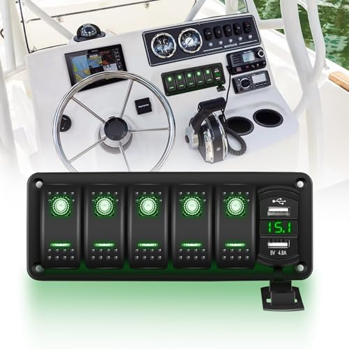 Chelhead 5 Gang Panneau de commutateur pour bateaux avec voltmètre | Panneau de commutateur à bascule en aluminium chargeur USB double avec éclairage arrière LED vert pré-câblé
