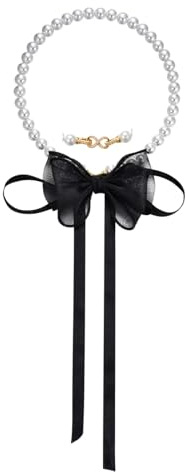 Aleasha Weiße Perlenkette mit Schwarzes Schleife Satinband 10mm Faux Perlen Halsband Halskette Damen Gold Schmuck 42cm