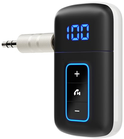 DAMAIKE Bluetooth 5.3 Receiver for Car, [LED Screen] [Noise Cancelling] 3.5mm AUX Bluetooth Adapter, Wireless Audio Receiver for Wired Headphones/Home Stereo/Speaker, Music Playing, Hands-Free Call