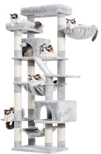 Heybly Rascador para Gatos, Torre De 180 cm, 2 Plataformas, 2 Cabañas, 2 Hamacas, Panel para Arañar. Gran Mueble para Gatos con Espacio De Dormir, Gris Claro HCT034W