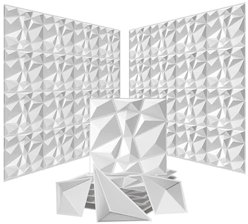Swehooirt 100 Pack 3D Wall Panels Diamond Design Decorative, 97 Sq.Feet PVC Interior Décor, 11.8x11.8, White Sound Proofing Panels for Living Room Gaming Room Decor Bathroom Ceiling Tiles