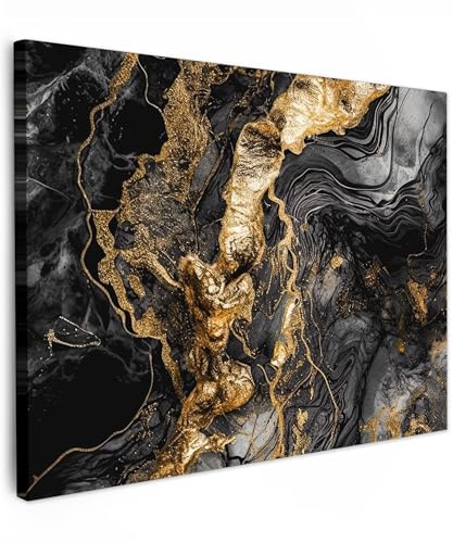 MuchoWow© Impression sur Toile Decoration Murale Peinture Tableaux | 70x50 cm - Decoratifs Muraux Déco Chambre Tableau Salon Marbre - Noir - Or - Abstrait