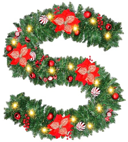 Guirnalda Navidad, 2.7M Guirnalda Navidad con Luces,220 Puntas de Ramas,30 Luces LED Cálidas,Temporizador,Decoración Navideña 2025 para Escaleras,Chimenea,Puerta, Guirnaldas Navidads Exterior/Interior