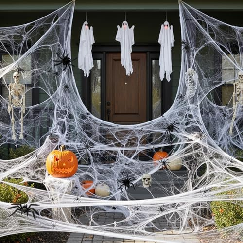 Spinnennetz Halloween Deko Set, 300g Weiß Dehnbare Spinnweben, Halloween Deko, Halloween Spinnennetz Dekoration Mit 60 Plastik Spinnen für Outdoor Indoor Gardens Party Horror Deko