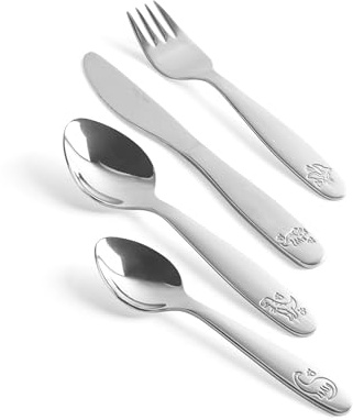 Salter Set Posate per Bambini 4 Pezzi Dinosauri - 1x Coltello, 1x Forchetta, 1x Cucchiaio da Dessert, 1x Cucchiaino, Acciaio Inox, Lavabile in Lavastoviglie, Utensili per Bambini Piccoli, Argento