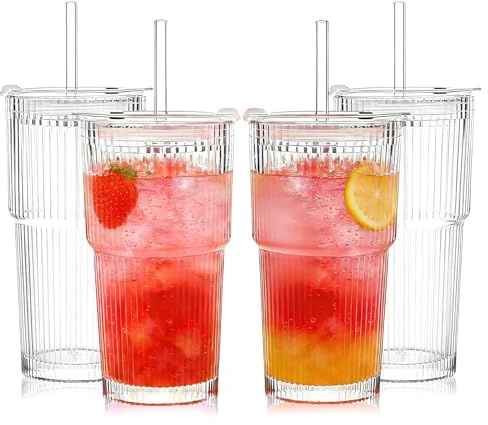 Henrrida 4 PCS 600ml Glass Cups with Lids and Straws,Iced Coffee Cup,Transparent Sealed Glass with Straw and Lid, Cocktail, Matcha Glass,Smoothie Cup 20 OZ
