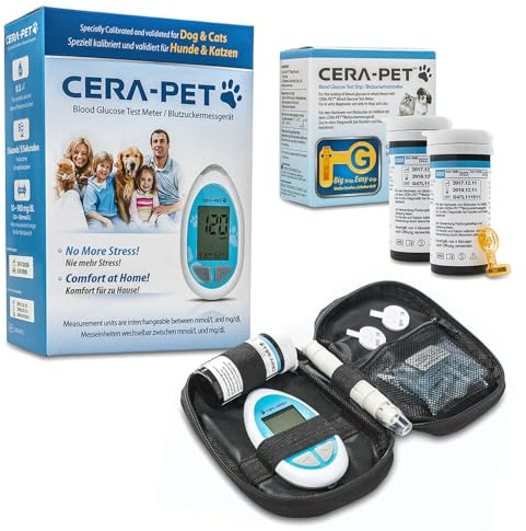 Cera-Pet Blutzuckermessgerät für Tiere I Geeignet für Hunde und Katzen I Vorteilspack: Zusätzlich 50 Blutzuckerteststreifen und 50 Lanzetten im Sparpaket