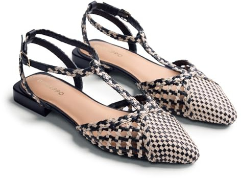 Gioseppo JHELUM - Bailarinas de Piel Trenzada para Mujer con Acentos Metalizados, Cierre Ajustable en el Tobillo, Suela Flexible de TPR, Puntera Afilada, Color Negro, Talla 40