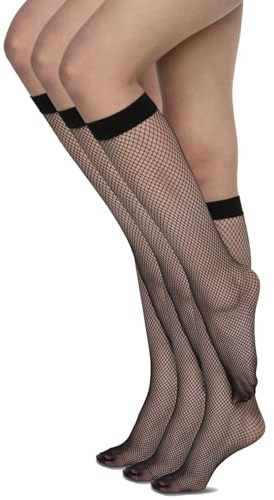 Annes styling kvinnors nätknästrumpor i fisknätsstil grundläggande strumpor under knästrumpor rädda, 3-PK Rete Nero, one size