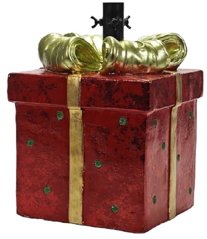 COSE DA CASA Piede per Albero di Natale Verde o innevato Forma Pacco Regalo Rosso con Fiocco Oro Base Natalizia Elegante Supporto per Decorazioni Particolari