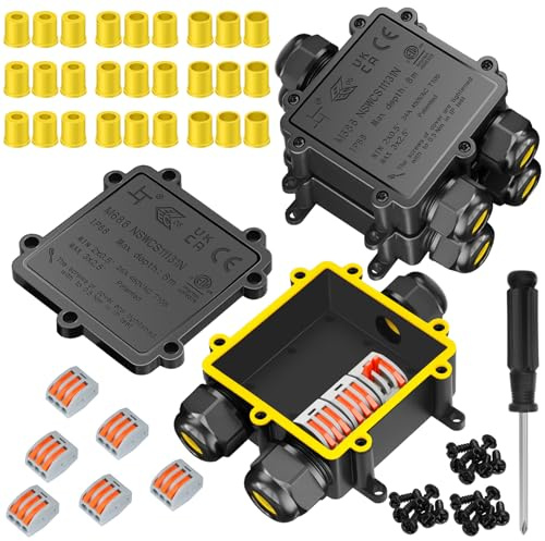 3 Stück IP68 Wasserdichte Kabelanschlussdose, Outdoor 3-Wege Elektrische Anschlussdose, Abzweigdosen Wasserdicht Verteilerdose, Kabelboxen, Anschlussdosen, Kabelverschraubung für Ø4-14 mm, Schwarz