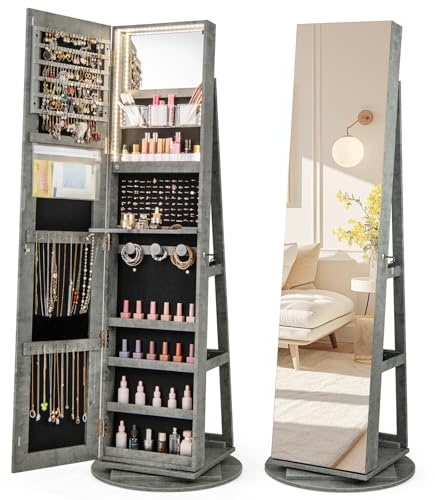 RELAX4LIFE Armoire à Bijoux Pivotante à 360º avec Miroir Pleine Longueur, Miroir Bijoux sur pied avec Rangement, Éclairage LED, 3 Étagères pour Bagues Boucles d'Oreilles (Vert Rustique)