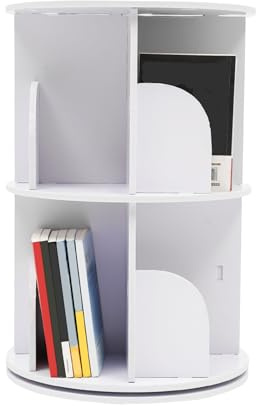 Levkitch Drehbares Bücherregal 360° Frei, 2 Ebenen 8 Fächer Brehregal Büroregal Weiß, Standregal, Drehregal Lagerregal, für Wohnzimmer Schlafzimmer Büro Kinderzimmer (2 Ebenen)