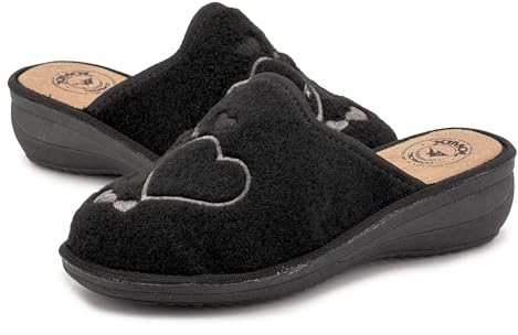JOMIX Zuecos Mujer Casa Zapatillas Cuña Invierno Pantuflas Compensado Calientes Fieltro Talón Abierto Tipo Mule Suela Antideslizante Puntera Cerrada Diseño Corazones Made in Italy ITD2412 Negro 39