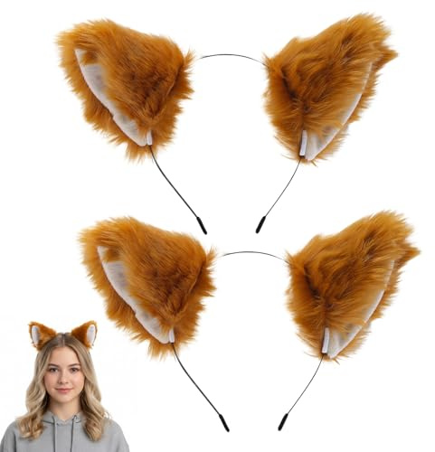 ZYLOUY 2 Stück Braune Plüsch Fuchs Kostüm Ohren, Fuchs Ohren, Fox Ears Haarreif für Damen, Fuchsohren für Verkleidung und Cosplay, Ideales Accessoire für Tierkostüme