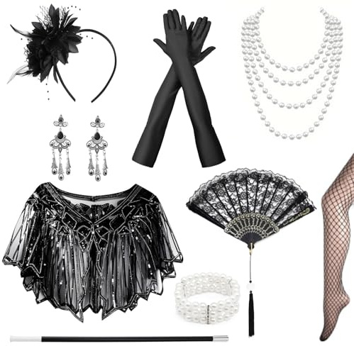 QingWing Great Gatsby Set Festaccessoar, 1920-tals Party Velour Accessoar, Kvinnors 1920-tals Accessoar med Huvudbonad, Handskar, Halsband, Armband, Örhängen, Fläkt, Svarta Strumpor för Fester