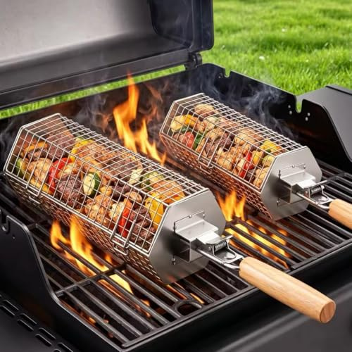 Yaskyly Grillkorg-set i 2 delar, hopfällbar sexkantiga design, grilltillbehör med avtagbart trähandtag, 304 rostfritt stål, för utomhusgrill, grönsaker, kött och skaldjur på yttergallret