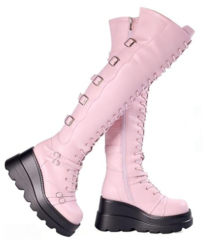 Gothniero Black Platform Boots Over Knee Thigh High Goth Boots for Women Chunky Heel Rave Motorcycle Boots with Buckles Side Zip Lace Boots Size3-8UK
