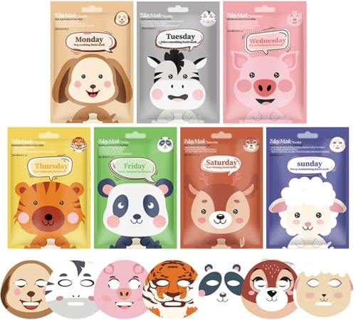 7 Stück Tiermotiv Gesichtsmaske kinder & Frauen, Tuchmasken Gesicht Set | Gesichtsmasken Set für Beruhigend & Nähren, 7-Tage Feuchtigkeitsmaske Gesicht, Beauty Set Mädchen & Frauen, Spa Party