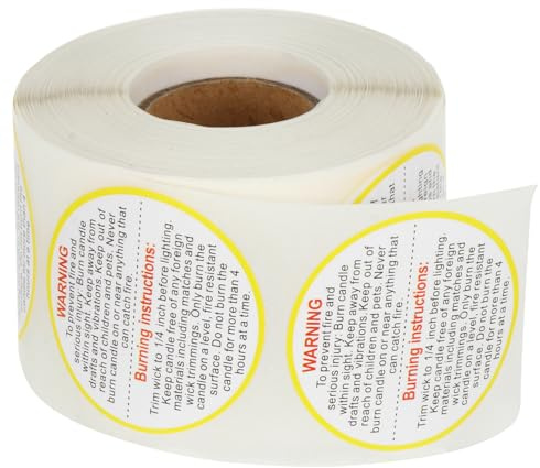 JOINPAYA Étiquettes de Sécurité Autocollantes pour Bougies, Rouleau de 500 Autocollants Ronds Imperméables et Auto-adhésifs, Étiquettes D’avertissement pour Pots à Bougie, Protection