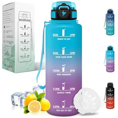 Motswedi Trinkflasche 1.5L, Sportflasche mit Zeitmarkierung und Filter, Trinkflasche Kohlensäure Geeignet, Auslaufsicher, Wasserflasche 1.5 Liter, für Wandern, Fahrrad, Gym, Camping, Blau & Lila