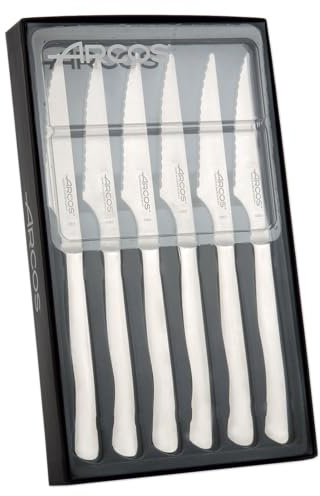 Arcos Conjunto carne con Hoja Acero Inoxidable Nitrum y mm. Mango ergonómico polioximetileno POM. Serie Mesa. Los bordeserrados los hacen perfectos cortar y picar carnes. Color plateado.