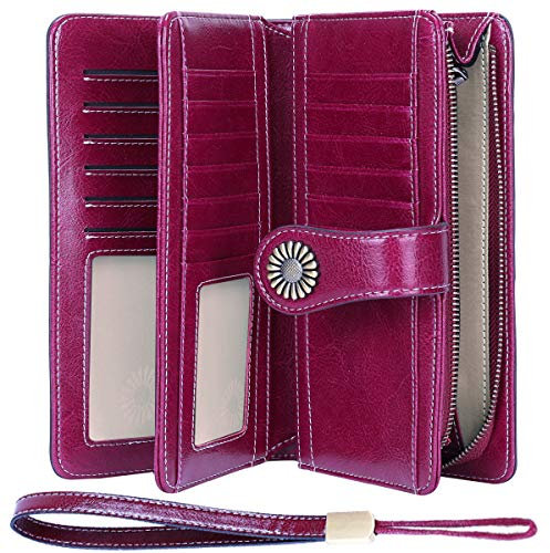 TEUEN Geldbörse Damen PU Leder Gross Geldbeutel Groß Viele Fächer mit 24 Kartenfächer Lang Portemonnaie Frauen RFID Schutz Portmonee Leder mit Handyfach und Reißverschluss (Lila)