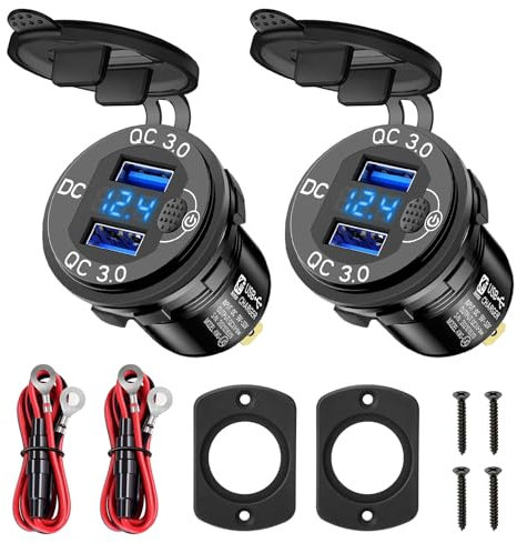 Linkstyle 2PCS USB Car Charger Socket, Dual 18W QC3.0 Ports Charger Power Outlet, LED Voltmeter & Switch for 12V/24V RV