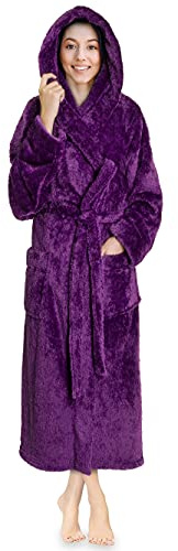 PAVILIA Womens Hooded Sherpa Fleece Robe, Long Plush Bathrobe, L/XL, Purple