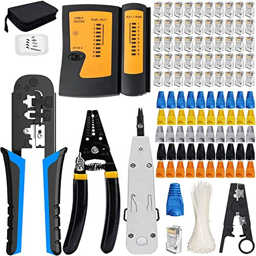MAYLINE-TECH Pince à Sertir de RJ45 Kit d'Installations Professionel, Trousse à Outils de Réparation pour Cablage Ordinateur, Testeur Reseau LAN Wire Strippe RJ11 RJ12 Cat6 Cat5e (Bleu)