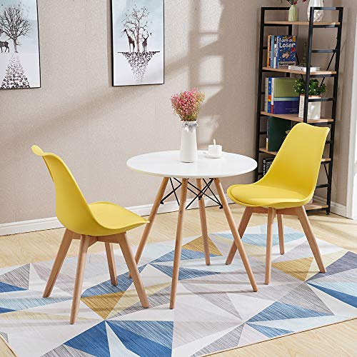 Homcasa Dining Table and Chairs Set, Modern Compact Round Kitchen Table, 2 Retro Lorenzo Lounge Chair with Cushioned PU Seat and Solid Wood Legs (Yellow)