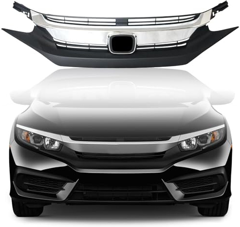 Kspeed Front Bumper Grille for 2016 2017 2018 Honda Civic, Black with Chrome Molding Front Upper Hood Grill Replacement Part
