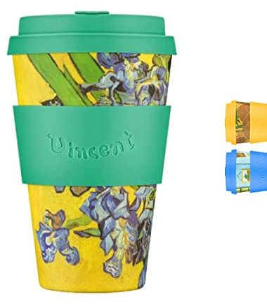 Ecoffee Cup 14oz 400ml Van Gogh Collection Reusable Eco-Friendly 100% Plant Based Coffee Cup with Silicone Lid & Sleeve - Melamine Free & Biodegradable Dishwasher/Microwave Safe Travel Mug, Irises