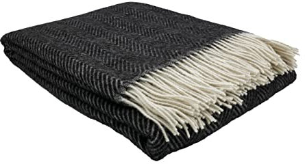 GLAESER Wohndecke Fair Deluxe Wolle pur | Wolldecke aus 100% Wolle | Couchdecke/Sofadecke/Kuscheldecke | 100% Reine Wolle mit Fransenborde (Neuseelandwolle, Anthrazit/Weiß)
