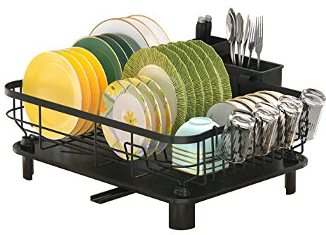 Tianqinuk Dish Drainer Rack with Utensil Holder,Stainless Steel with Swivel Drainage Spout,Sink Dish Drying Rack for Kitchen Counter